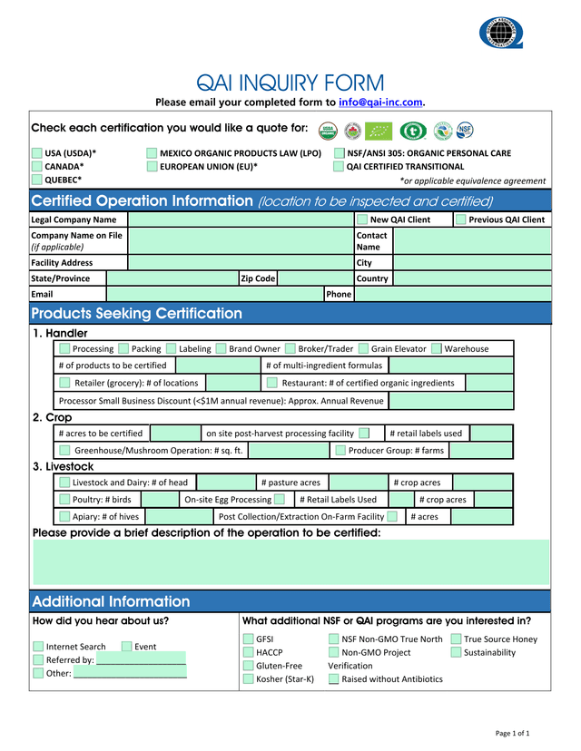 QAI Inquiry Form screenshot
