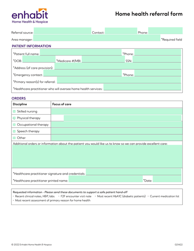 Home Health Referral Form screenshot