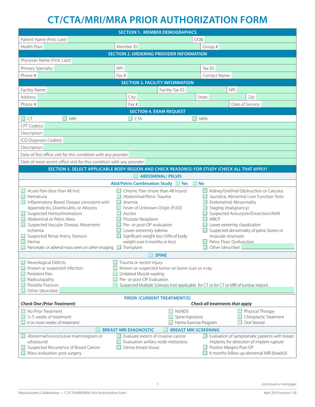 Massachusetts Collaborative  CTCTAMRIMRA Prior Authorization Form screenshot