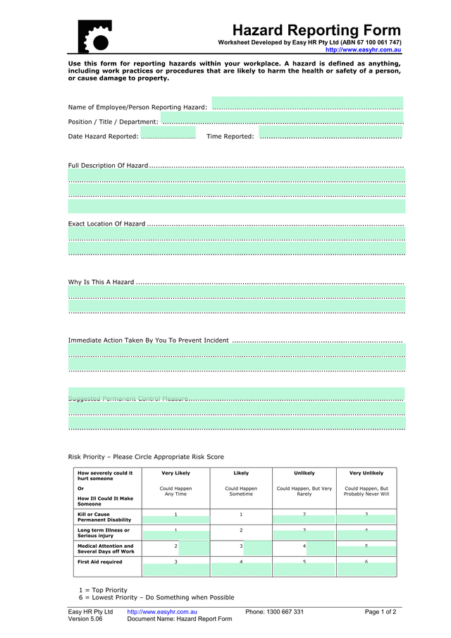 Hazard Report Form screenshot