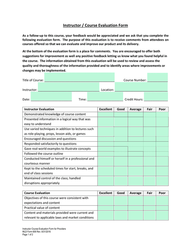 Instructor Course Evaluation Form For Providers screenshot