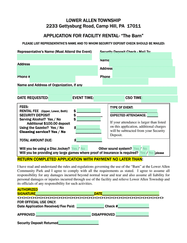 Application For Facility Rental   The Barn screenshot