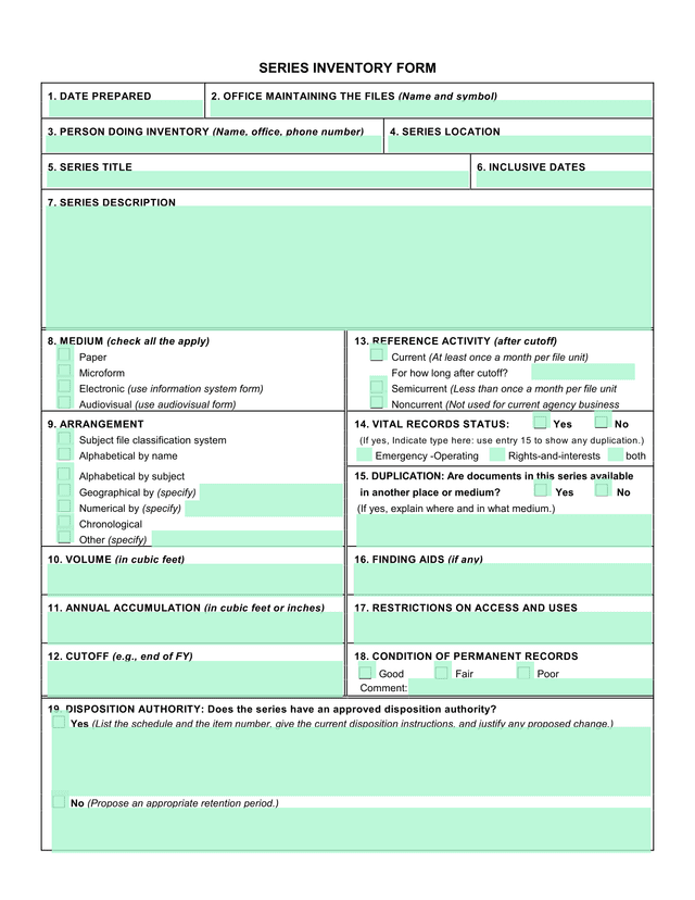 SERIES INVENTORY FORM screenshot