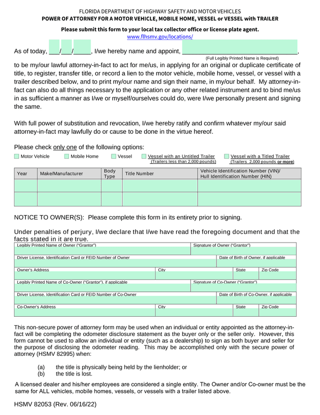 Power Of Attorney For A Motor Vehicle, Mobile Home, Vessel Or Vessel With Trailer screenshot