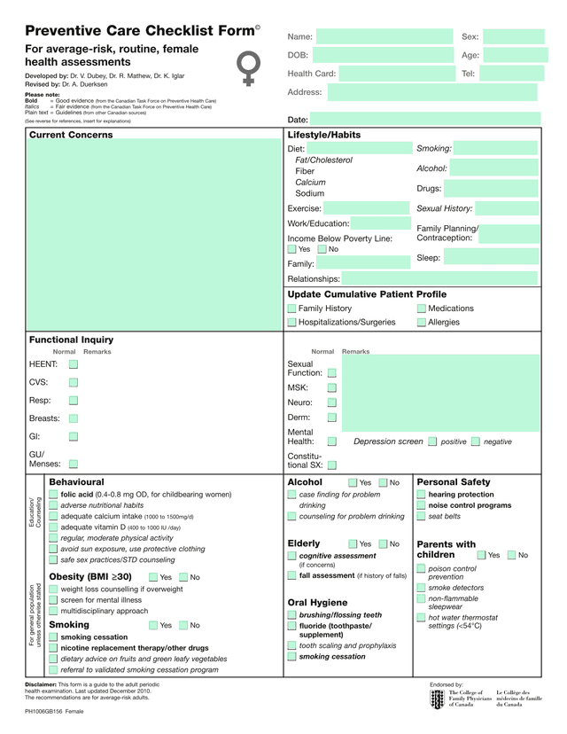 Preventive Care Checklist Form screenshot