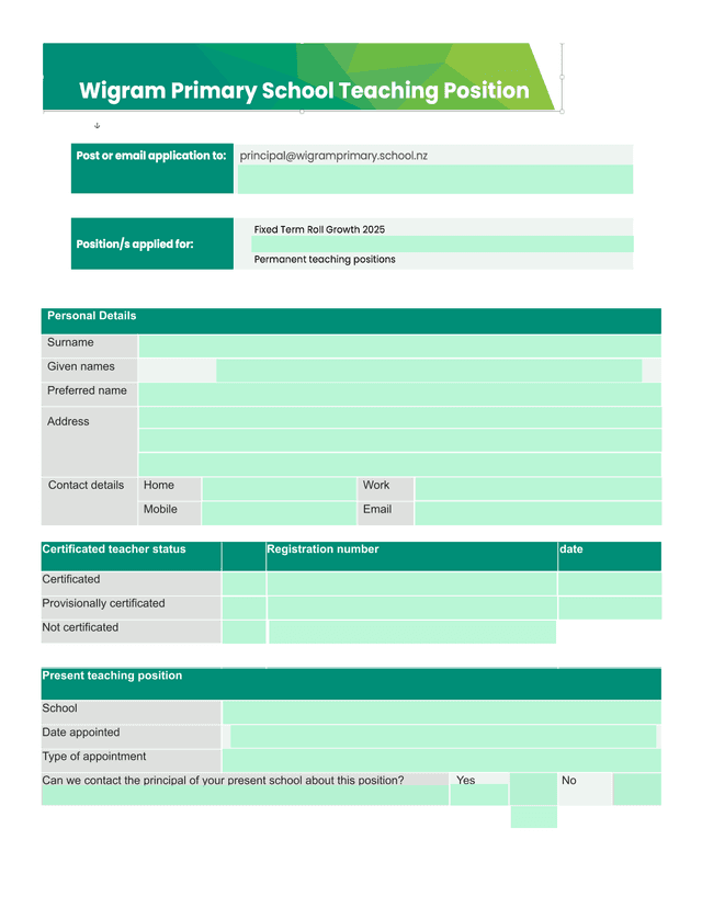 Teacher Employment Application Form screenshot