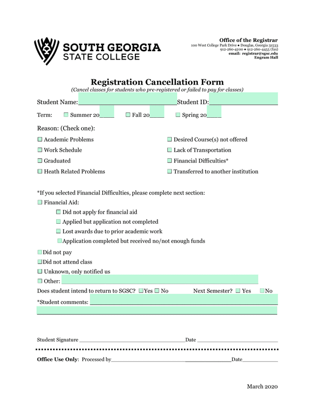 Registration Cancellation Form screenshot