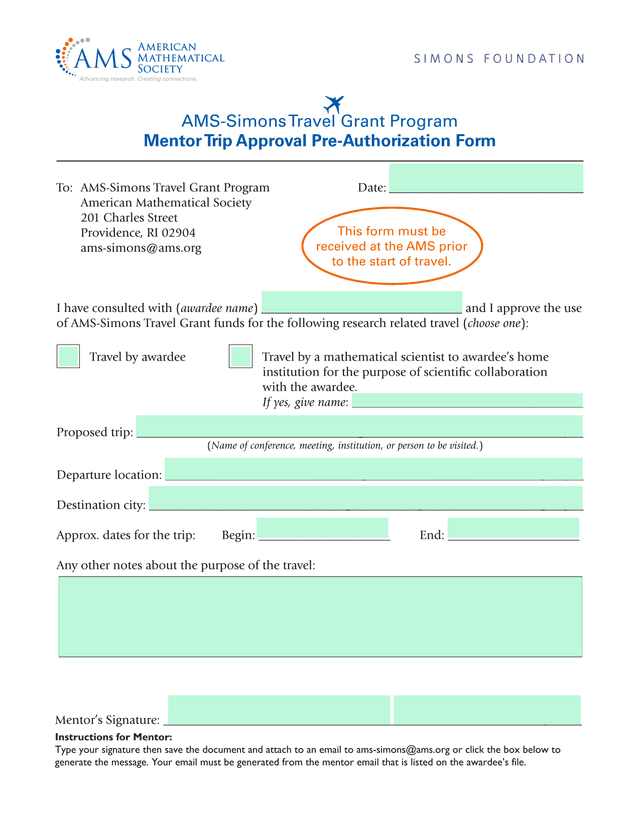 AMS Simons Travel Grant Program Mentor Trip Approval Pre Authorization Form screenshot