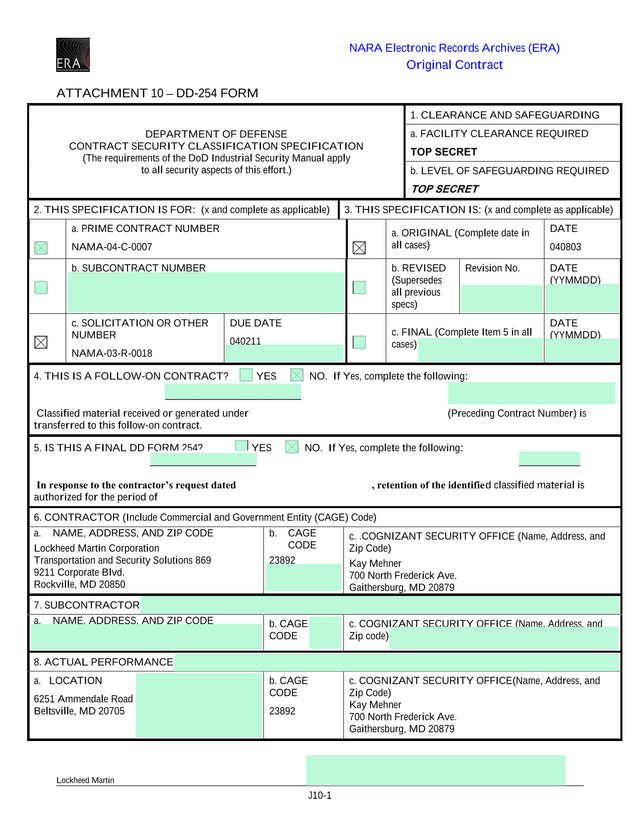 DD 254 Form Department Of Defense Contract Security Classification Specification screenshot