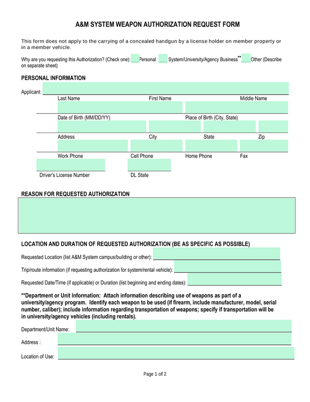 AM System Weapon Authorization Request Form screenshot
