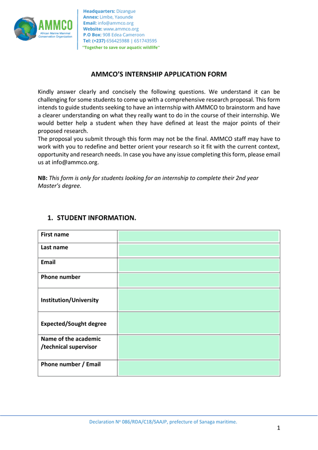 AMMCOS Internship Application Form screenshot