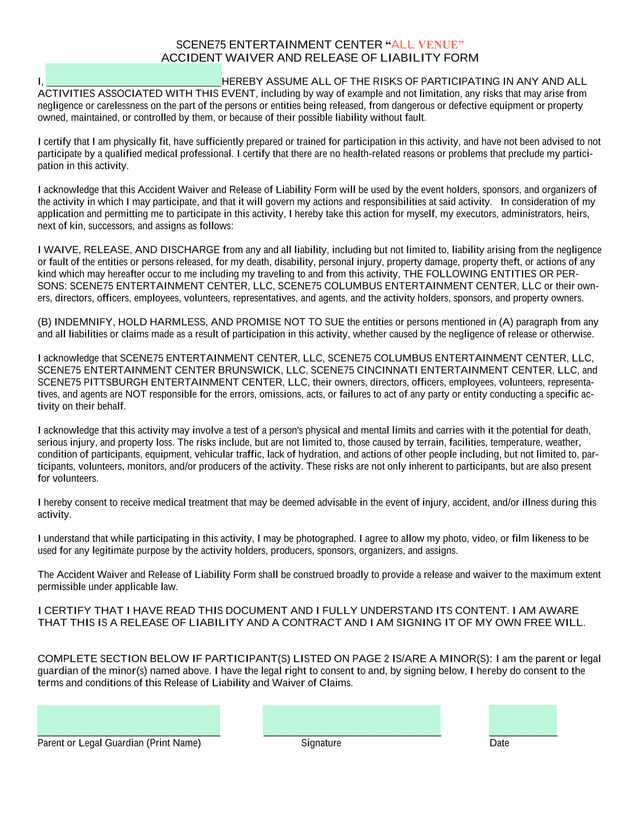 SCENE75 ENTERTAINMENT CENTER ALL VENUE ACCIDENT WAIVER AND RELEASE OF LIABILITY FORM screenshot