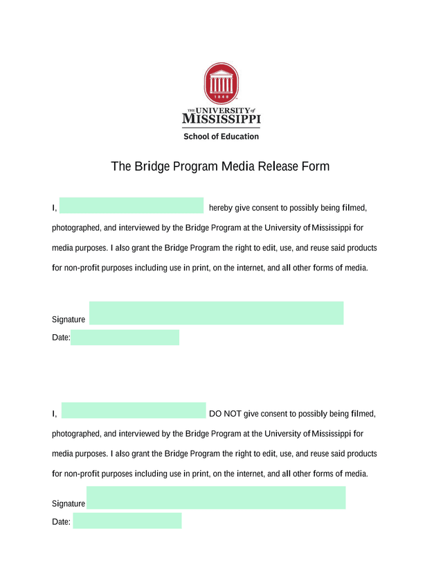 The Bridge Program Media Release Form screenshot