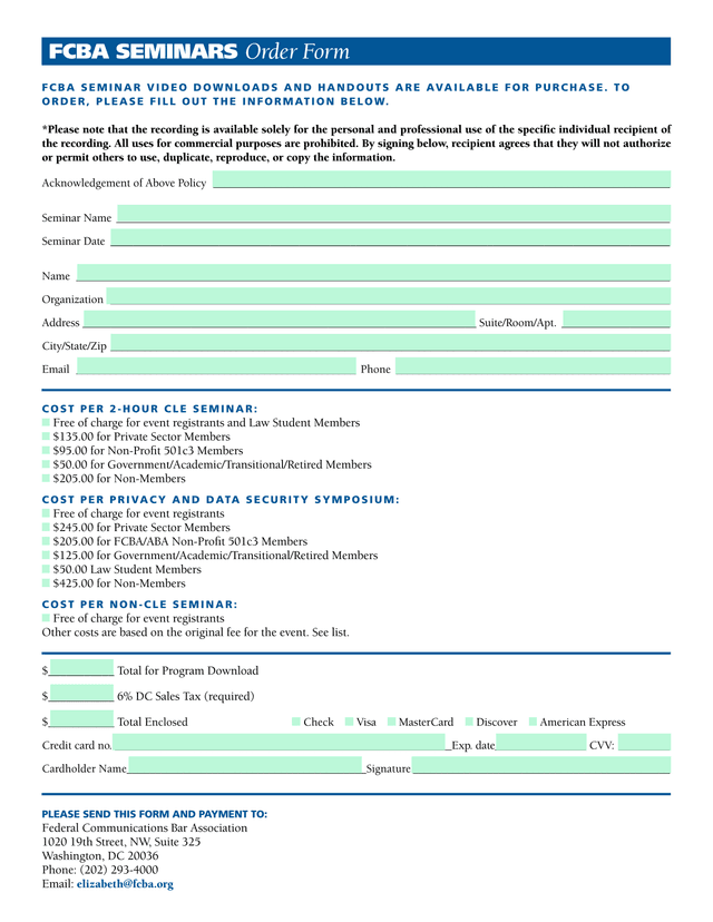 FCBA Seminars Order Form screenshot
