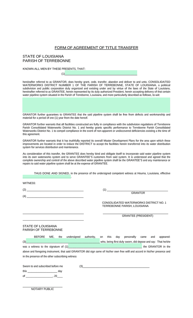 FORM OF AGREEMENT OF TITLE TRANSFER screenshot