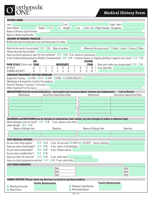 Medical History Form screenshot