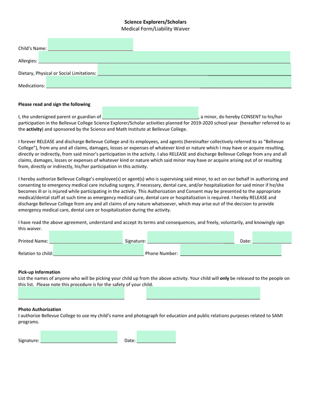 Science ExplorersScholars Medical FormLiability Waiver screenshot