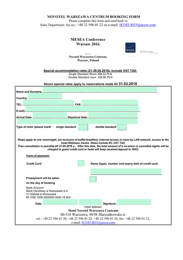 NOVOTEL WARSZAWA CENTRUM BOOKING FORM screenshot