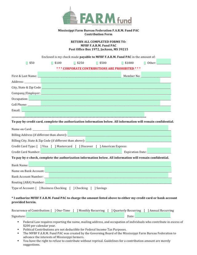 Mississippi Farm Bureau Federation F.A.R.M. Fund PAC Contribution Form screenshot