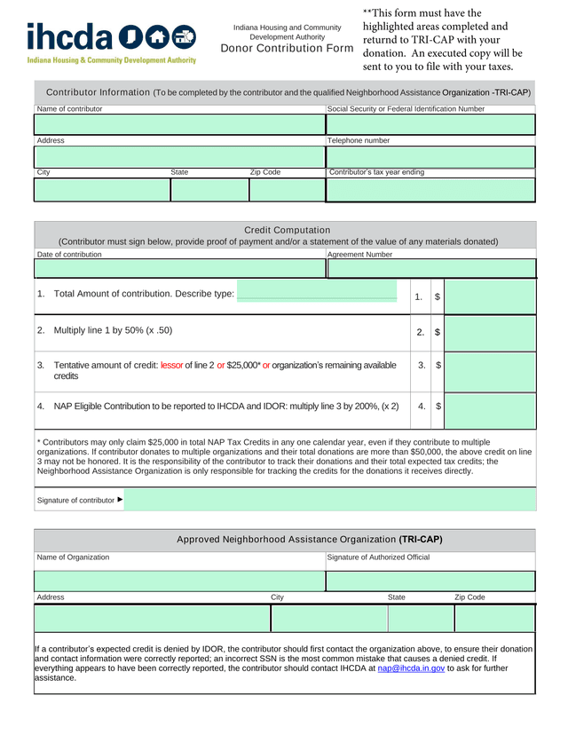 Indiana Housing And Community Development Authority Donor Contribution Form screenshot