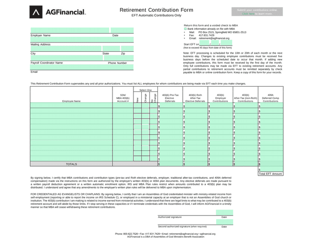 Retirement Contribution Form screenshot