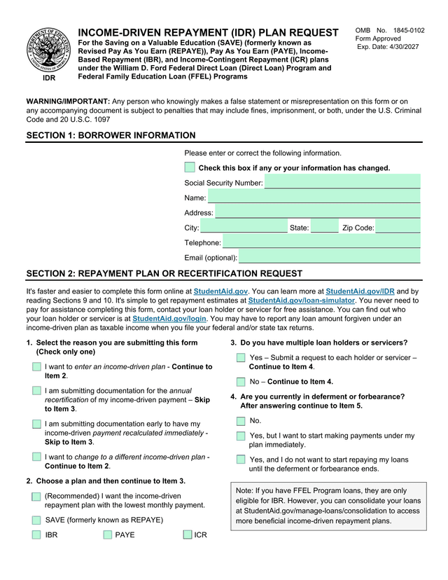 Income Driven Repayment (IDR) Plan Request screenshot