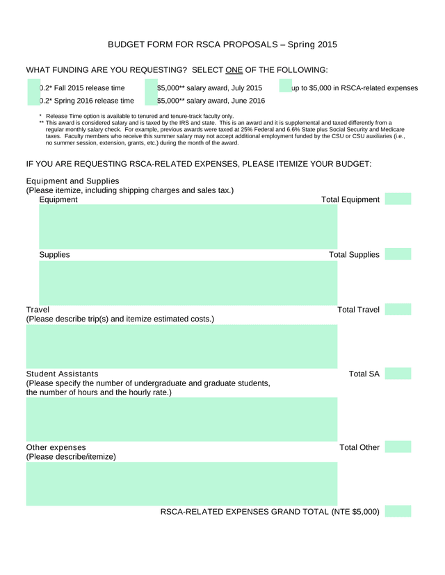 BUDGET FORM FOR RSCA PROPOSALS  Spring 2015 screenshot
