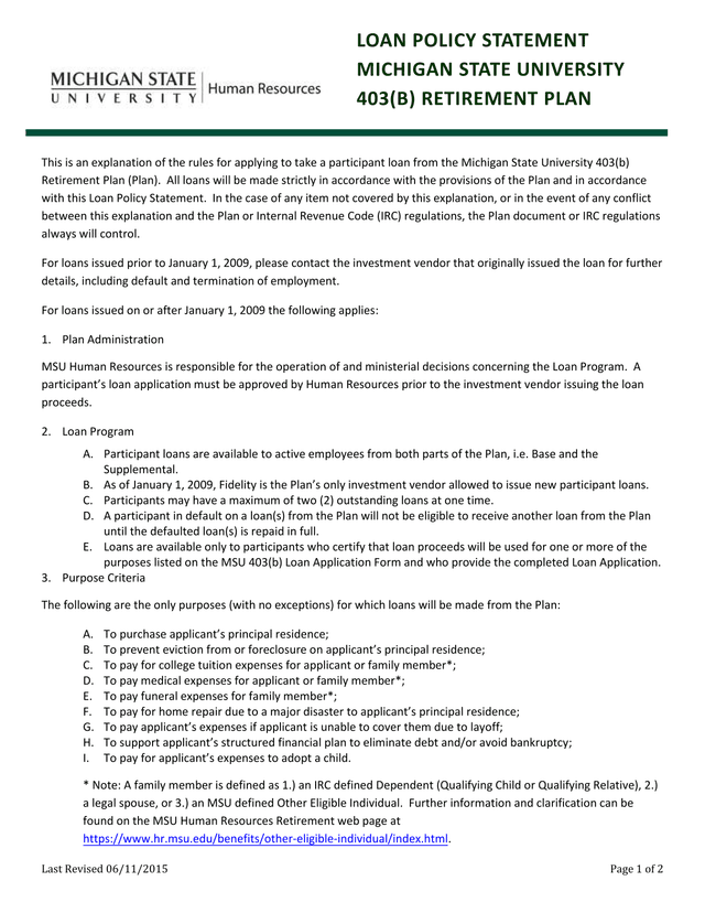Michigan State University 403(B) Retirement Plan Loan Policy Statement screenshot