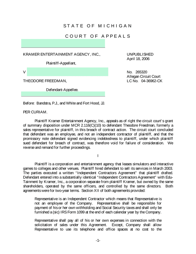 Independent Contractors Agreement screenshot