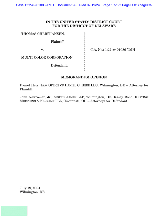 Memorandum Opinion Christiansen V. Multi Color Corporation screenshot