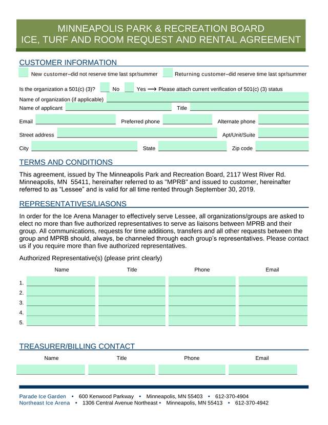 ICE, TURF AND ROOM REQUEST AND RENTAL AGREEMENT screenshot