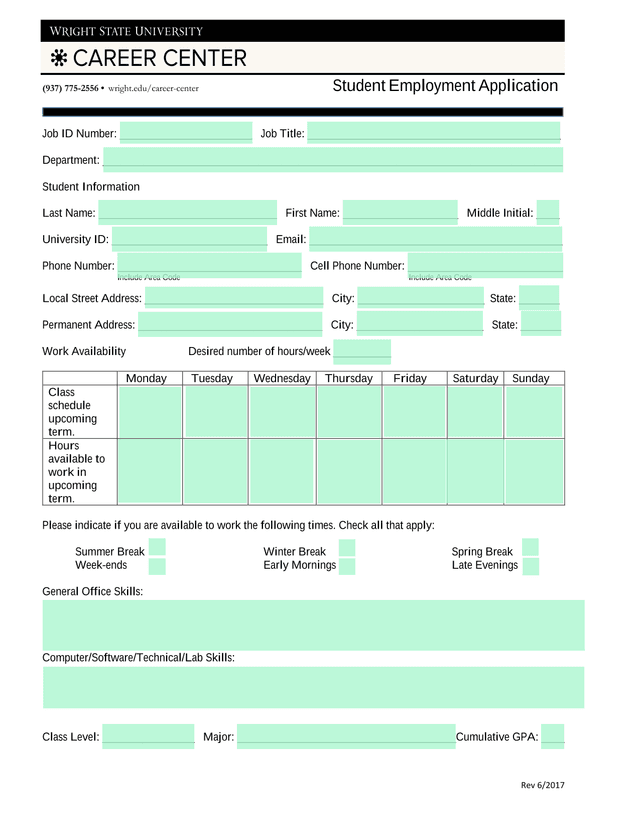 Student Employment Application screenshot