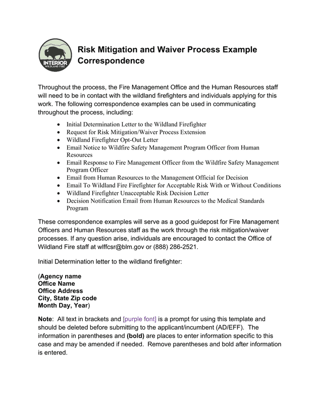 Risk Mitigation And Waiver Process Example Correspondence screenshot