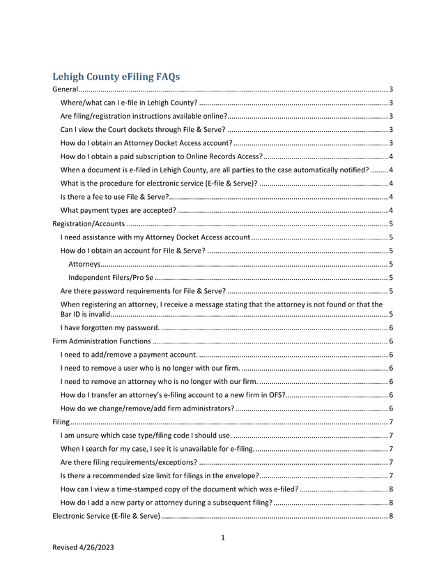 Lehigh County EFiling FAQs screenshot