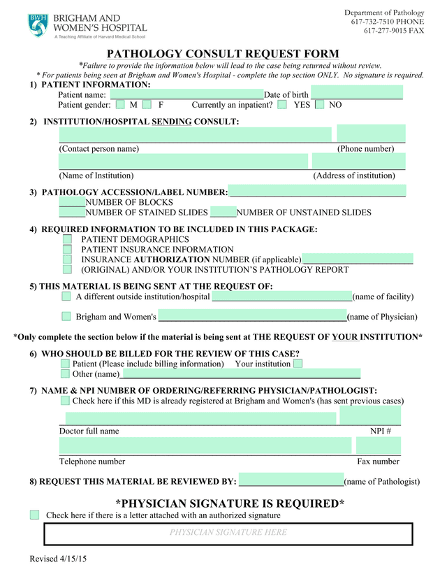 Pathology Consult Request Form screenshot