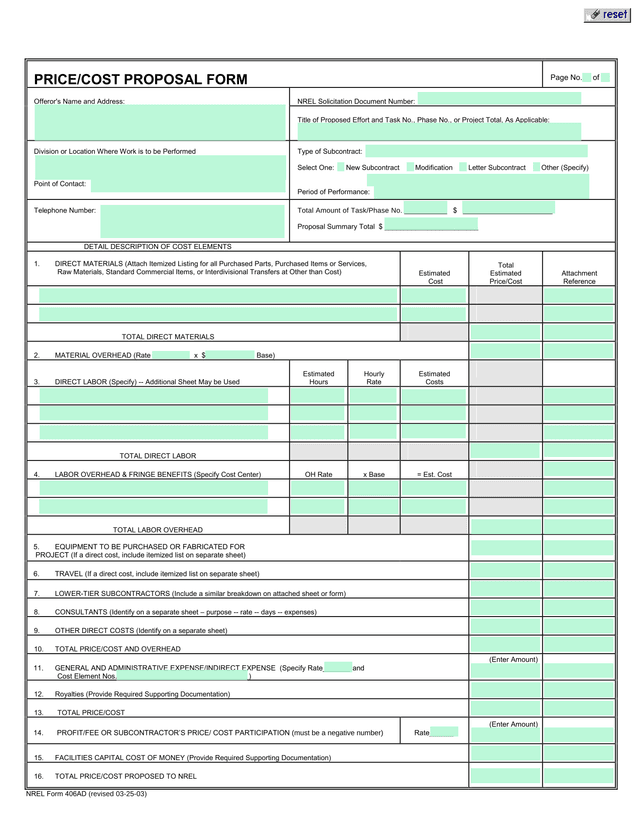 PRICECOST PROPOSAL FORM screenshot