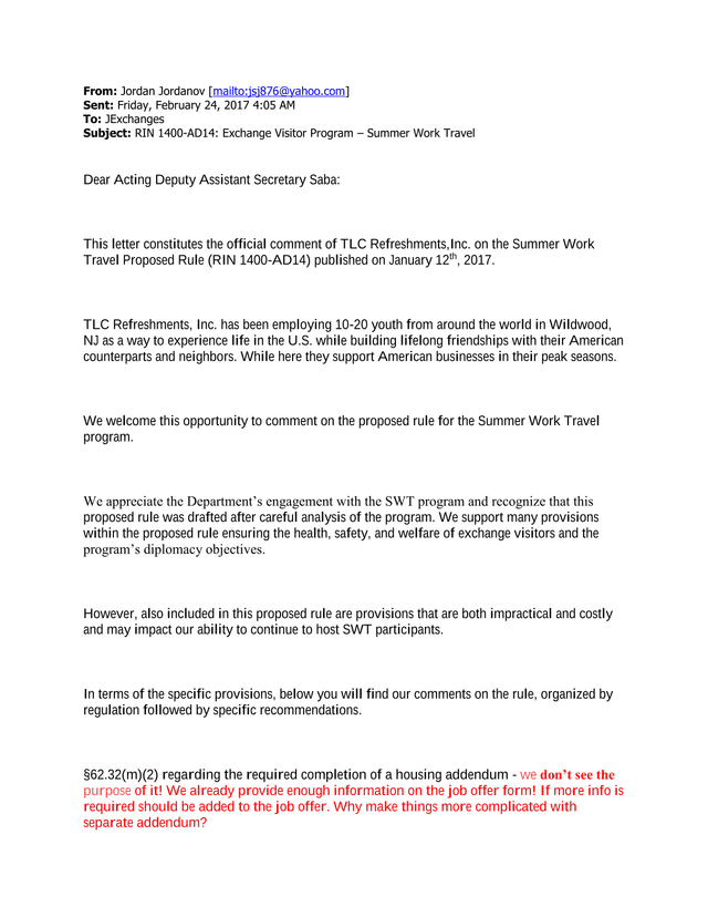 TLC Refreshments Exchange Visitor Program Comment Letter screenshot