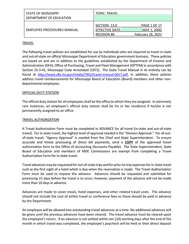 Mississippi Department Of Education Employee Travel Procedures Manual screenshot