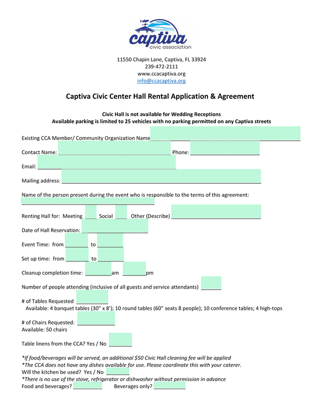 Captiva Civic Center Hall Rental Application  Agreement screenshot