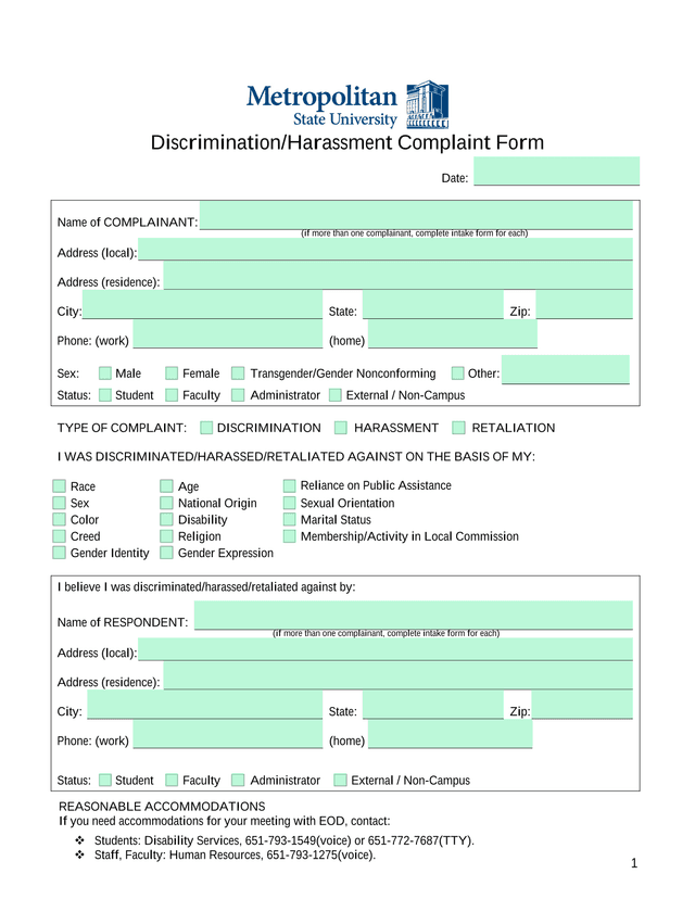 DiscriminationHarassment Complaint Form screenshot