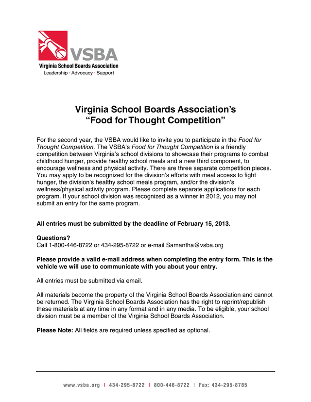 VSBA Food For Thought Competition Entry Form screenshot