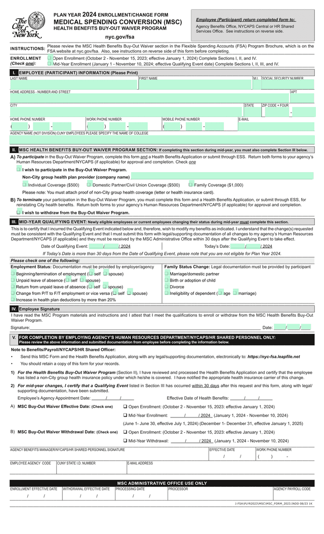 PLAN YEAR 2024 ENROLLMENTCHANGE FORM MEDICAL SPENDING CONVERSION (MSC) HEALTH BENEFITS BUY OUT WAIVE screenshot