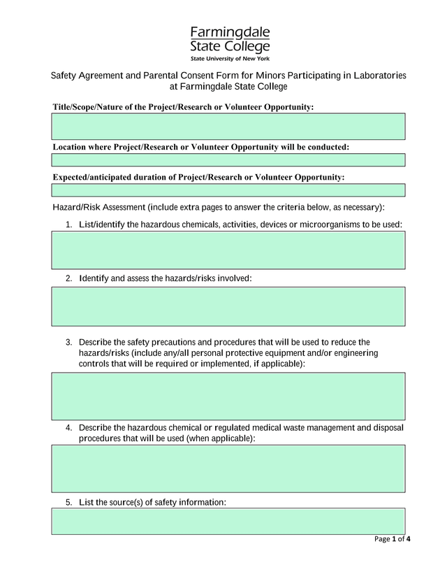 Safety Agreement And Parental Consent Form For Minors Participating In Laboratories At Farmingdale S screenshot