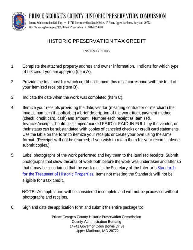 Historic Preservation Tax Credit Instructions screenshot