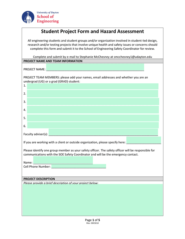 Student Project Form And Hazard Assessment screenshot