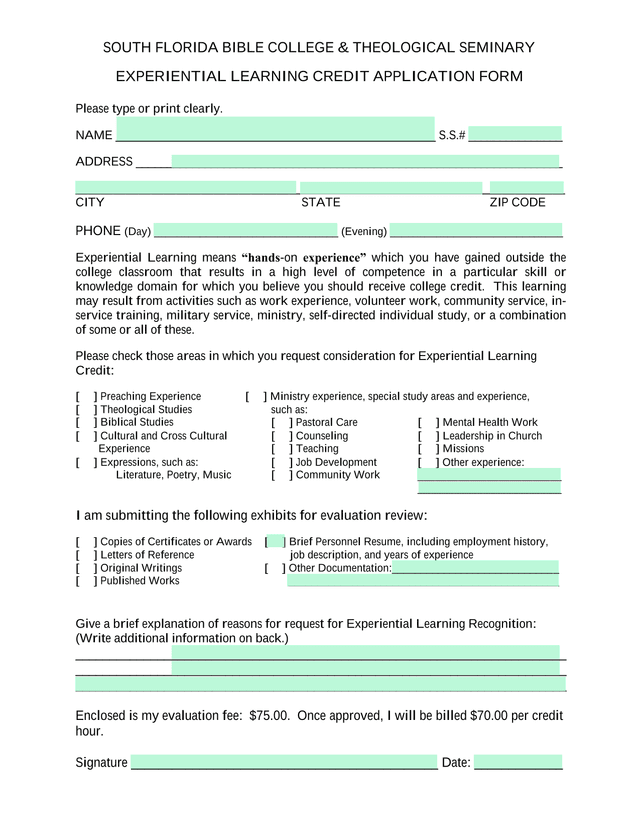 Experiential Learning Credit Application Form screenshot
