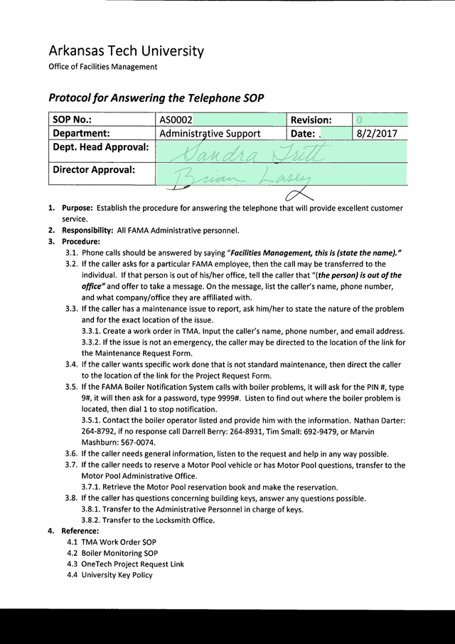 Protocol For Answering The Telephone SOP screenshot