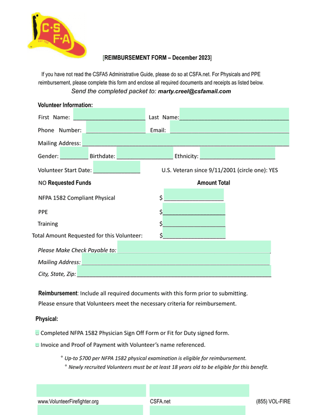 CSFA Reimbursement Form  SAFER Award screenshot