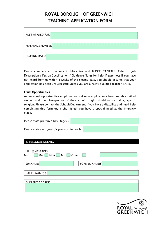 ROYAL BOROUGH OF GREENWICH TEACHING APPLICATION FORM screenshot