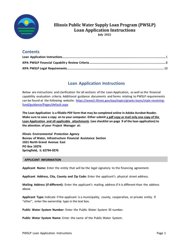 PWSLP Loan Application Instructions screenshot